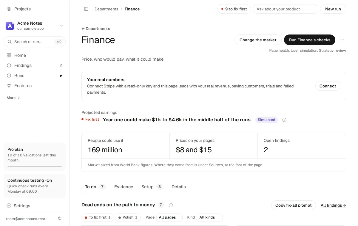 The Finance department for Acme Notes, our sample app: “Year one could make $1k to $4.6k in the middle half of the runs.” Below it, 7 dead ends on the path to money, the first one open beside them.