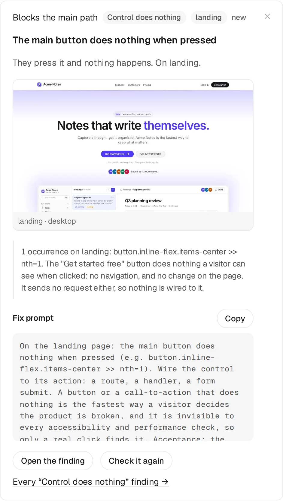 The console’s detail for one of IT’s findings on Acme Notes: “The main button does nothing when pressed”, with what the browser saw and the fix.