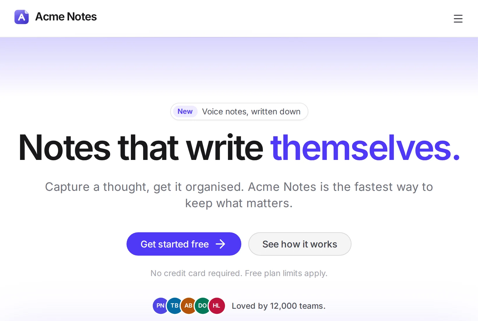 The front page of Acme Notes, our sample app, with its “Get started free” button ringed.