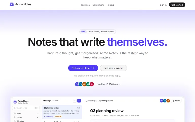The front page of Acme Notes
