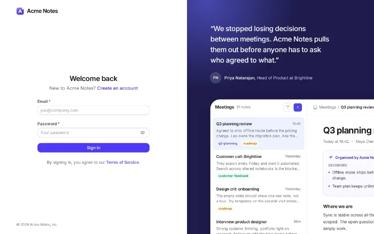 The sign-in page of Acme Notes