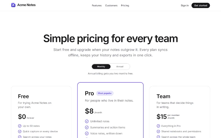 The pricing page of Acme Notes