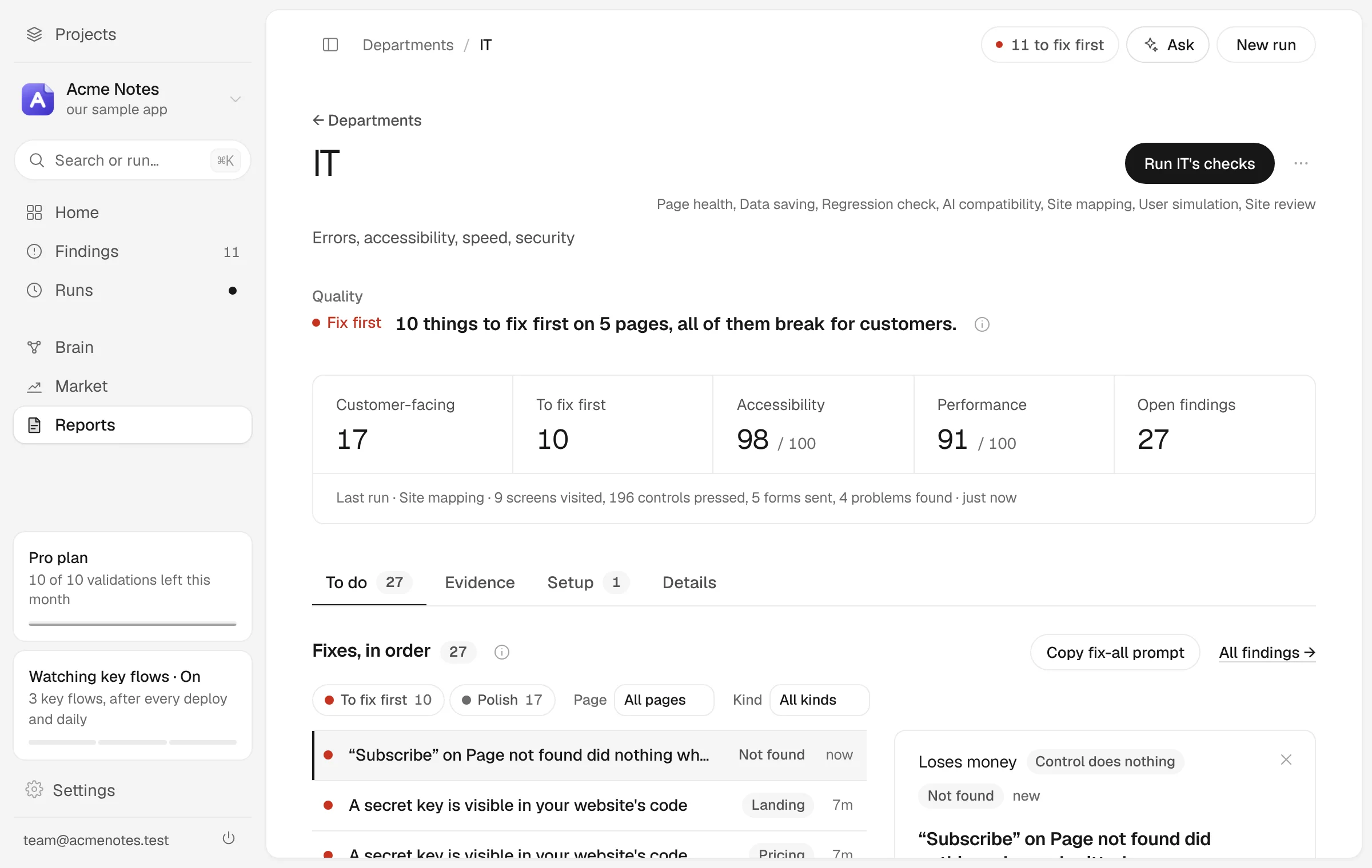 The IT page for Acme Notes: “10 things to fix first on 5 pages, all of them break for customers.” The fixes are listed in order, the first one open beside them.