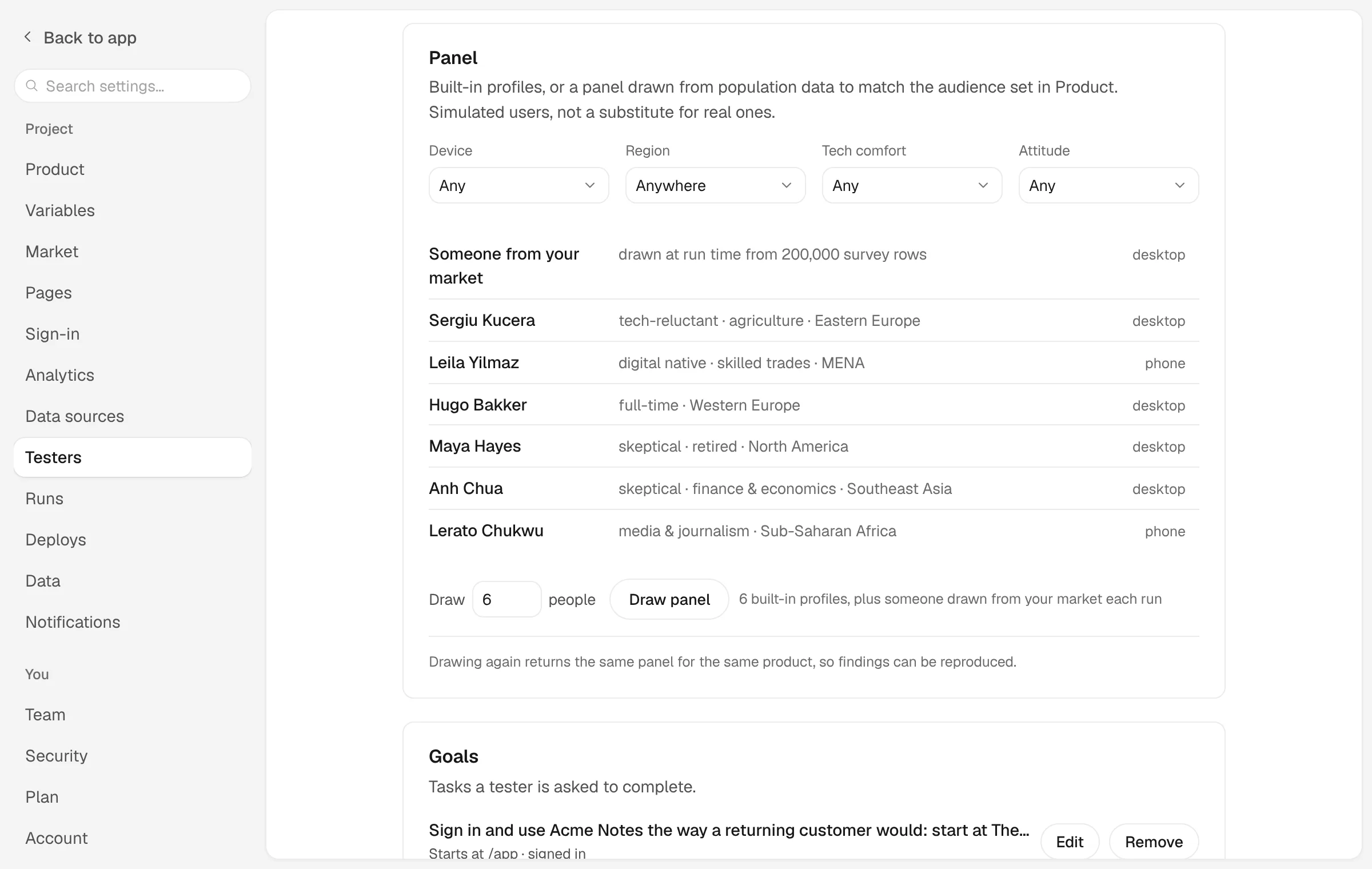 Settings, Testers: a panel drawn from population data to match the audience, filtered by device, region, tech comfort and attitude, with the people the draw seated.